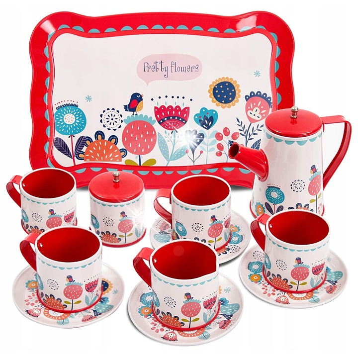 Fém teáskészlet tálcával, Stator, 13 darabos, 4 csésze, 4 csészealj, 23,5x15,5cm