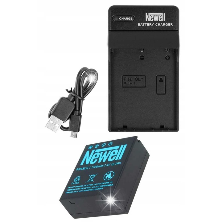 Set incarcator USB/acumulator BLH-1 Newell, 1720 mAh, 7,4 V, dimensiuni 4,8x8,4x2,2 cm, pentru Olympus OM-D E-M1/Mark II E-M1X