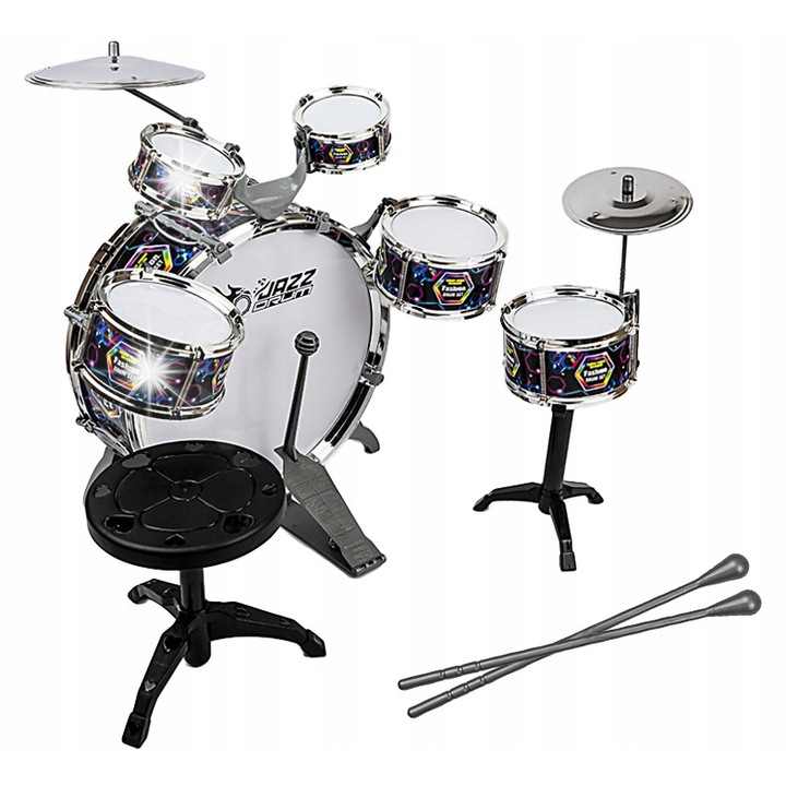 Set percutie pentru copii, click4TOYS, 6 tobe, 2 talere, negru, 56x51x35cm