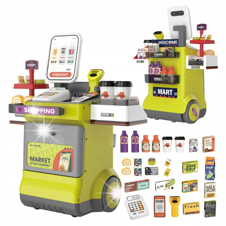 Szupermarket mobil gyerekeknek, click4TOYS, szkennerrel és fizetési terminállal, 57,5x48x28cm