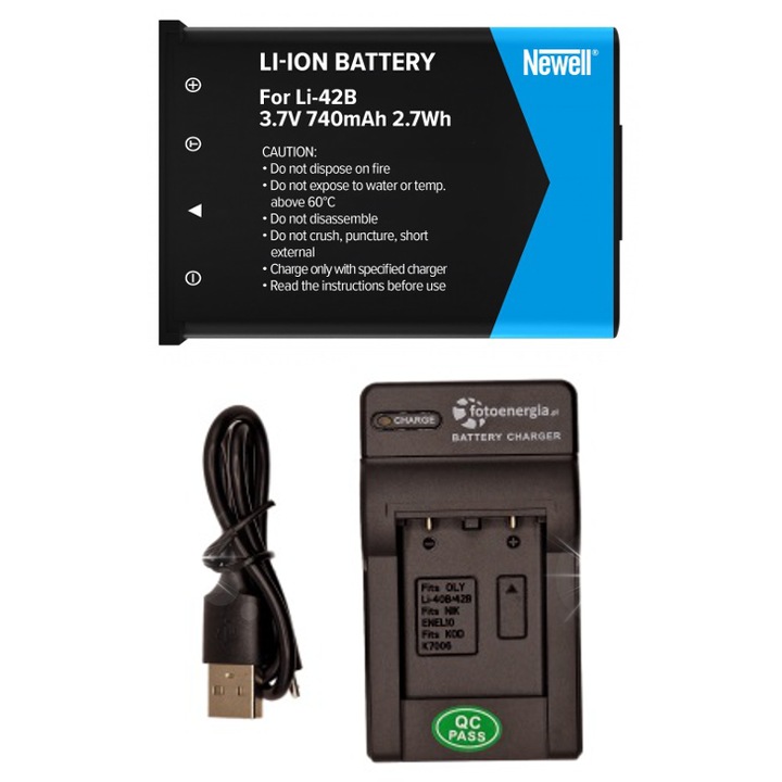 Set incarcator USB + acumulator Newell LI-42B compatibil Olympus LI-40B, Fuji NP-45, capacitate 740 mAh, 3,7 V