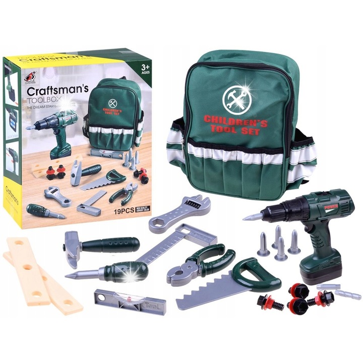 Комплект инструменти за деца, click4TOYS, тъмнозелена раница, 30x28x9см, включва бормашина, чук, обков.