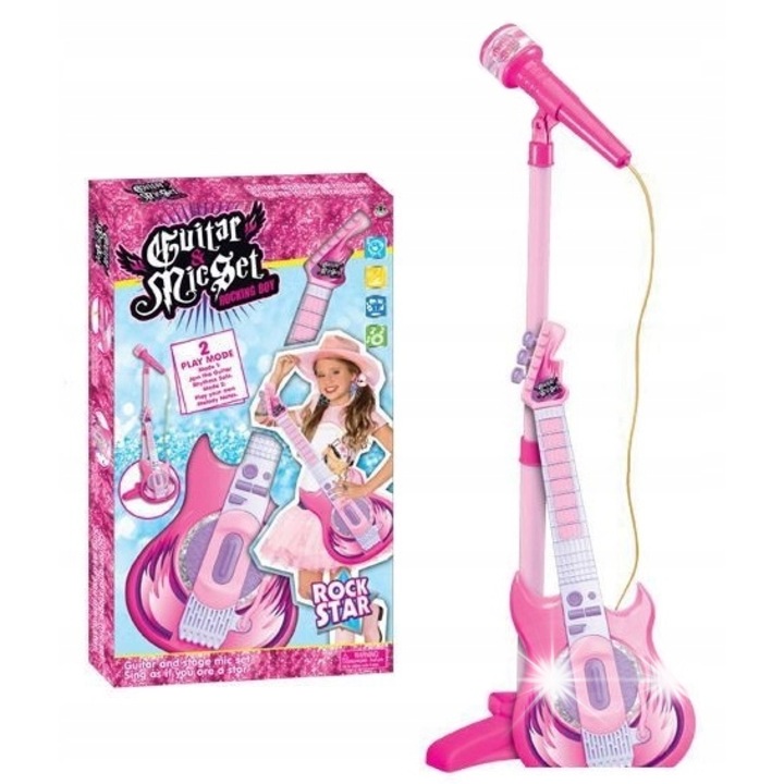 Електрическа китара с микрофон, click4TOYS, розова, караоке комплект, 58x23x4.5см