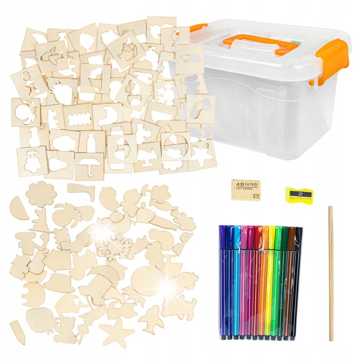 Комплект дървени шаблони за учене на рисуване, click4toys, 50 шаблона, 12 цветни маркера