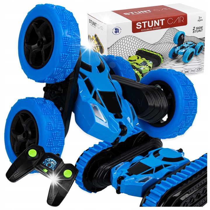 Masinuta kaskadersca cu telecomanda click4TOYS, 2 in 1, roti mari, 360°, rosie/bleu, 15,5x16x7cm, set complet