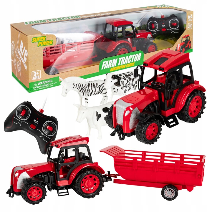 Играчка трактор с ремарке, click4TOYS, червен, 20x11,5x9см, комплект с 3 фигурки на животни