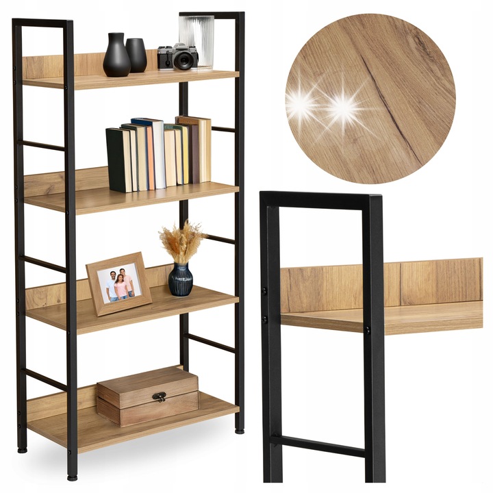 Biblioteca LoftInspired, 4 polite, metalic, negru/natur, 124x60x28cm