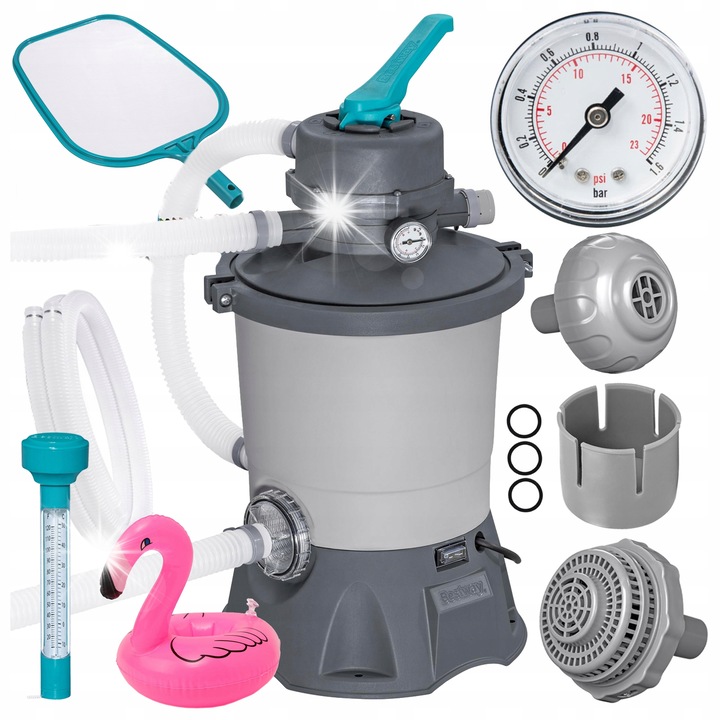 Pompa filtranta pentru piscina Bestway 58515, 3596 l/h, set cu termometru, suport pentru bauturi, plasa de curatare, 1100-16600 l, 62x31cm