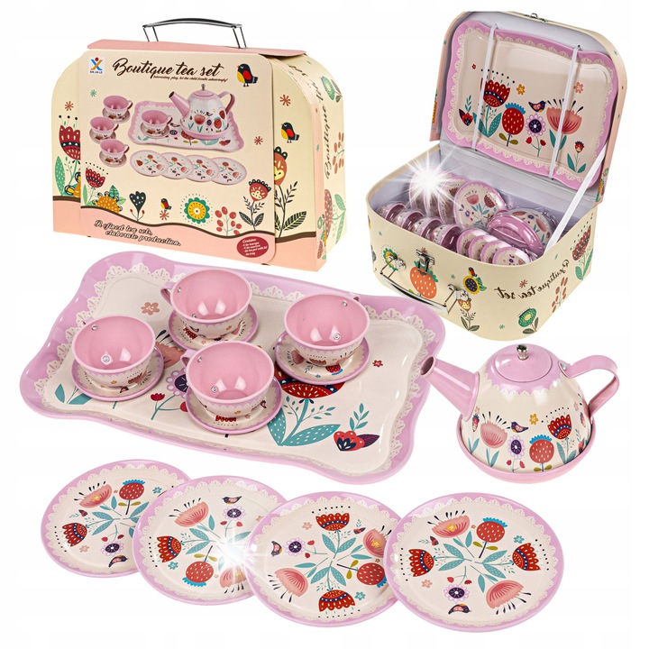 Gyermek teáskészlet, click4TOYS, fém, pasztell, 4 csésze, 4 tányér, tálca, bőrönd