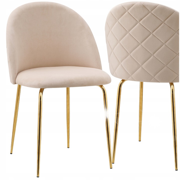 Тапициран стол от кадифе, eHokery, бежов, 78x50x54см, златни метални крака