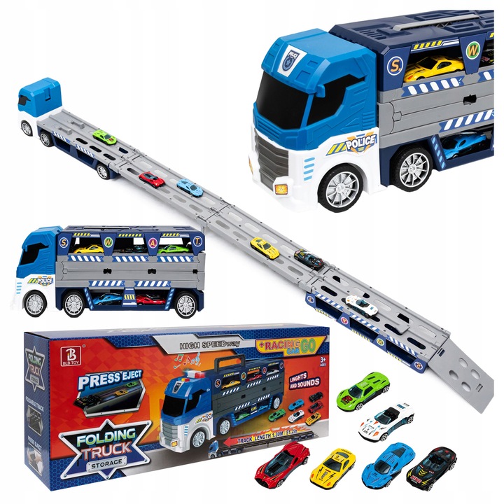 Camion cu functie de lansare, click4TOYS, set 6 masinute colorate, 130x6x10,5cm
