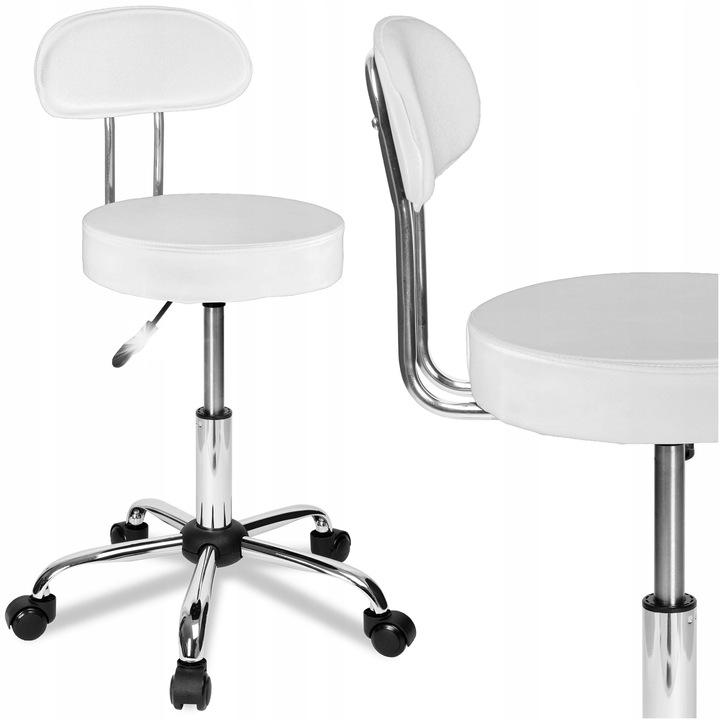 Козметична табуретка eHokery Gamma, бяла, въртяща се на 360, регулируема височина, размери 44x57см