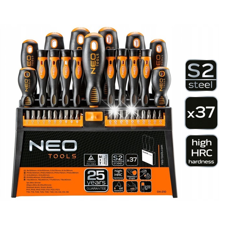 Комплект отвертки Neo Tools, 37 части, магнитни накрайници, черно/оранжево