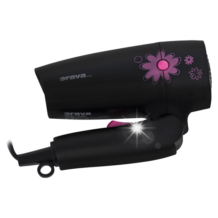 Компактен сешоар Orava HD-402, 1000W, 2 скорости, черен, 15,2x21x6см