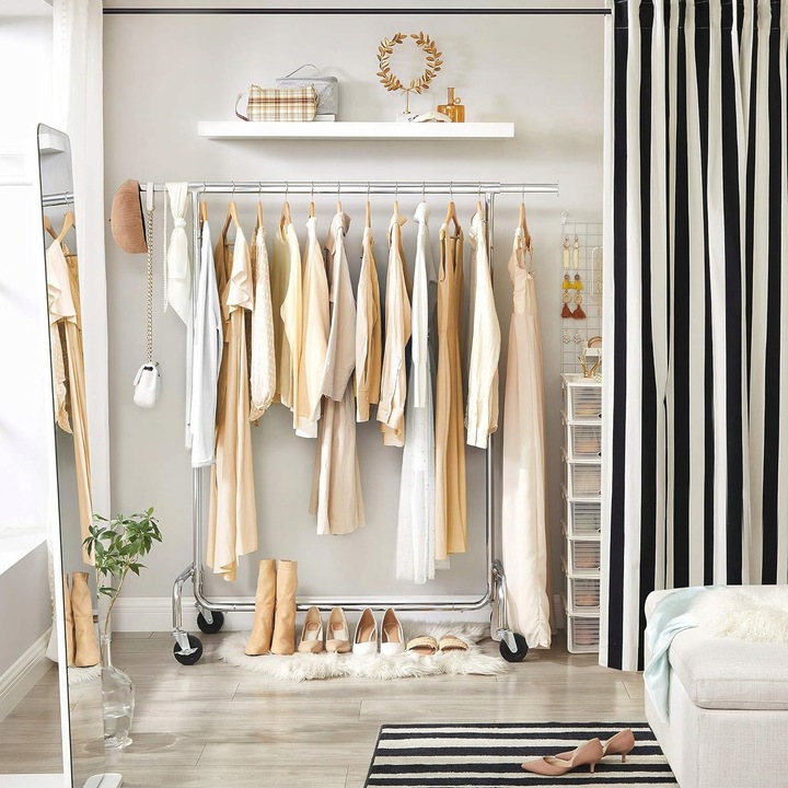 Umeras mobil pentru haine Gockowiak, metalic, cromat, capacitate 90 kg, dimensiuni 110-150x50x180cm