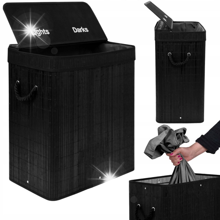 Cos de rufe din bambus cu capac, 100L, 2 compartimente, negru