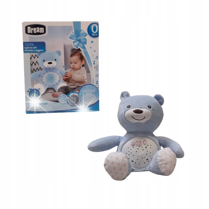 Плюшено мече с нощна лампа за деца Dream, музикално, проектор звезди, синьо, 35см