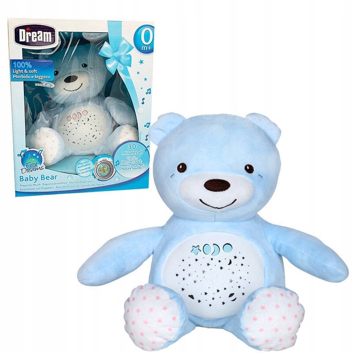Плюшено мече с нощна лампа за деца Dream, музикално, проектор звезди, синьо, 35см