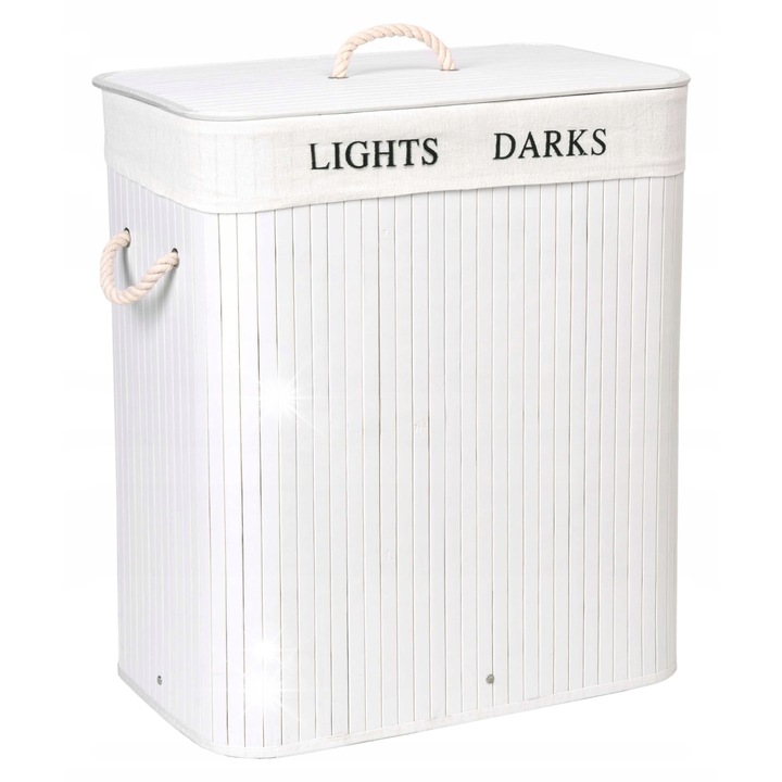 Кош за пране GMM Group, бамбук, 100л, 2 отделения, бял, 60x52x32см