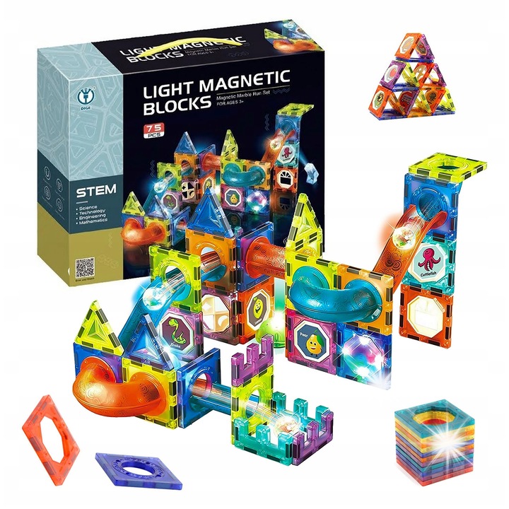 Магнитен конструктор click4TOYS, 75 елемента, светещи, цветни
