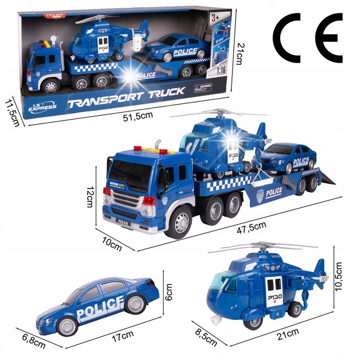 Set 3 in 1 - Camion cu remorca, masina de politie si elicopter de salvare, Stator, efecte sonore si luminoase, 47,5x10x12cm
