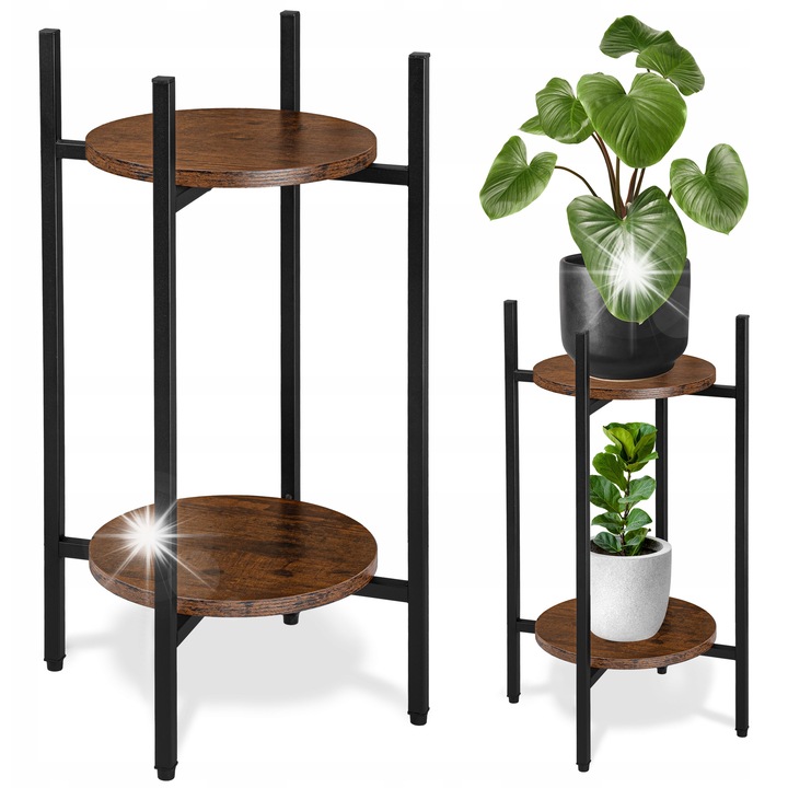 Kwietnik metalic Samir, 61 cm, negru mat, 2 polite postarzany dab, set