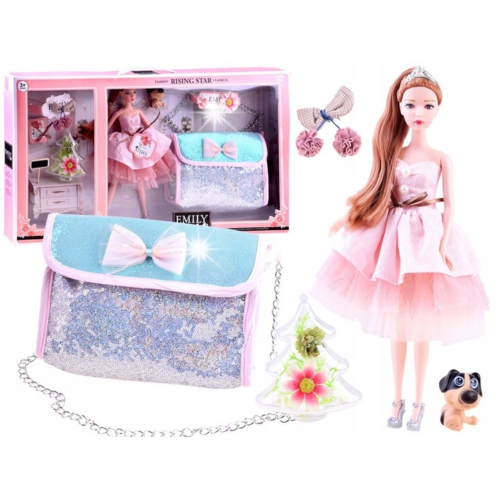 Set papusa Emily cu catel si geanta, 31cm, multicolor