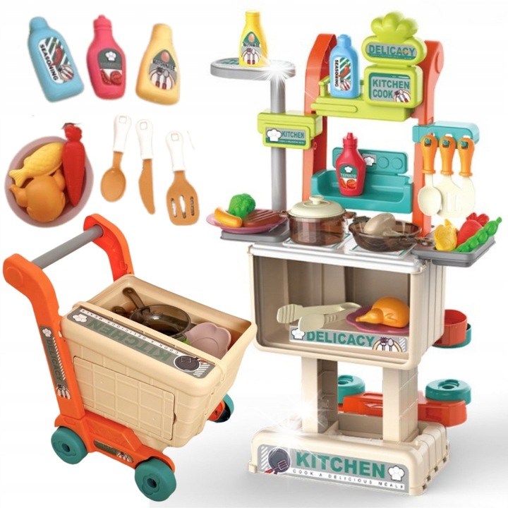 Set 2 in 1 - Wozek de cumparaturi si bucatarie pentru copii cu accesorii, Sapphire, 25x17x16cm, 27,5x19x49cm, multicolor