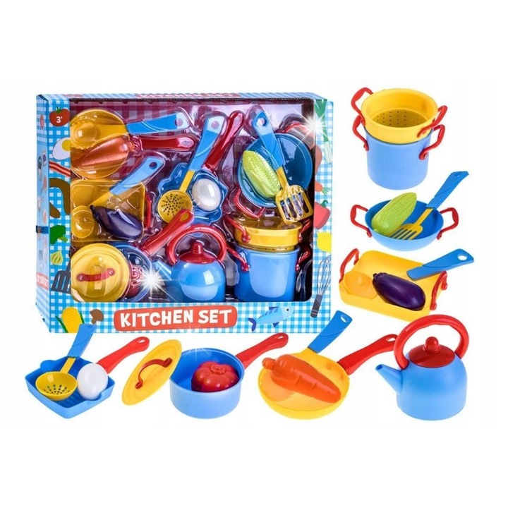 Jokomisiada konyhai játékszett gyerekeknek, 18 darabos, vidám színek, változatos méretek