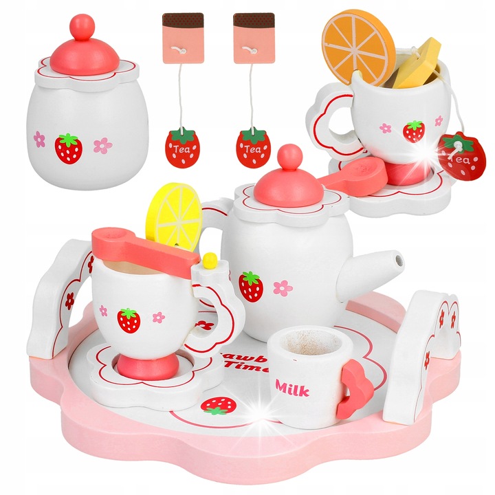 Gyermek teáskészlet, Stator, 16 darabos, eper design, fából, mérete 18x18x6cm