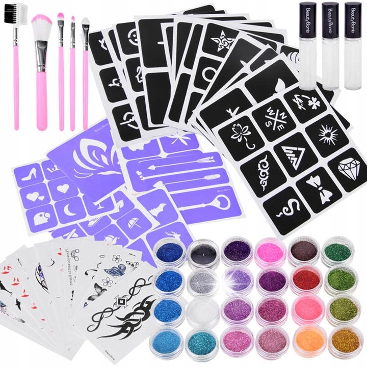 Kit tatuaje pentru copii, 18 sabloane, 12 foi tatuaje, 5 pensule, 24 borcanele sclipici, multicolor