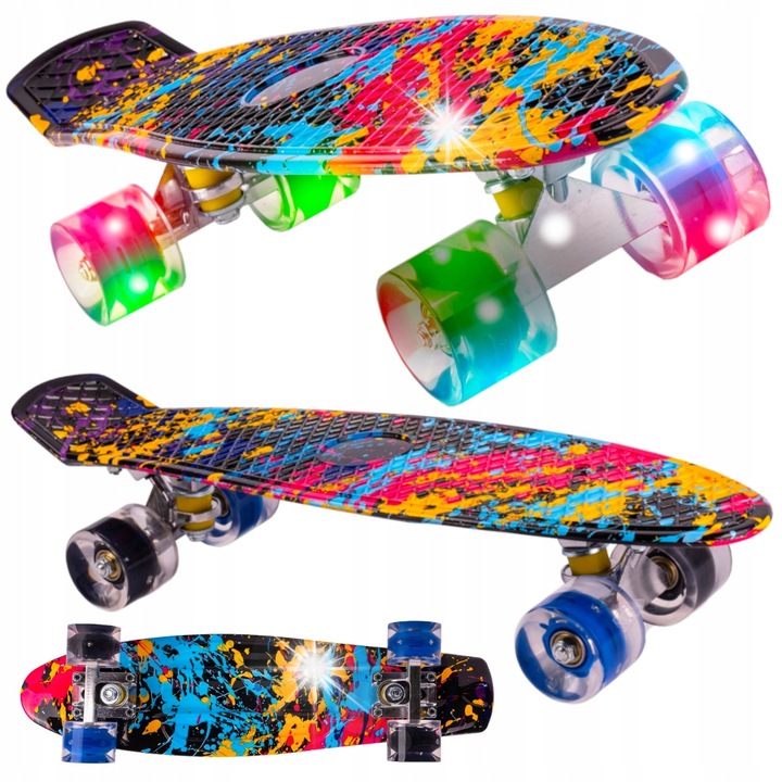 Skateboard Stator, model fiszka, roti LED RGB, dimensiuni 56x15cm, greutate maxima utilizator 100kg
