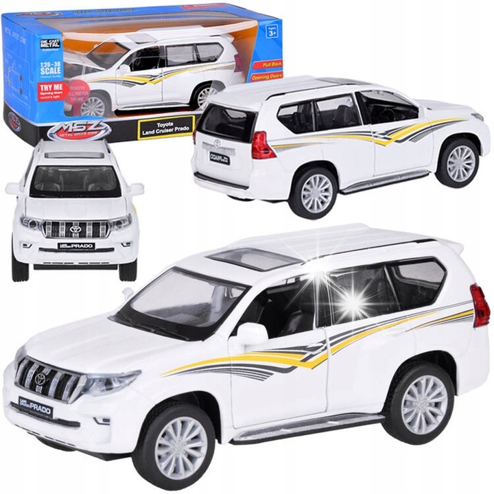 Automodel metalic MSZ, model Toyota Land Cruiser Prado, alb, 14x7x5,5cm, cu sunet si lumini