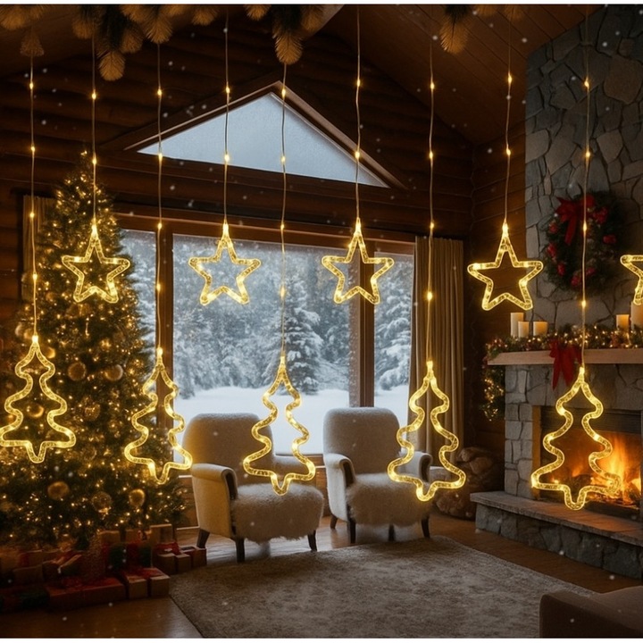 Instalatie Craciun decorativa cu forme 3D (stea, brad), 3m, LED-uri cu lumina calda, Alimentare la priza