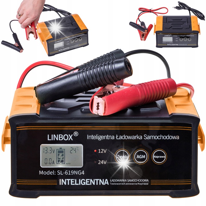 Redresor auto Linbox 12V 24V 25A, compact, functie de reparare, negru-portocalie, 26,5x19cm