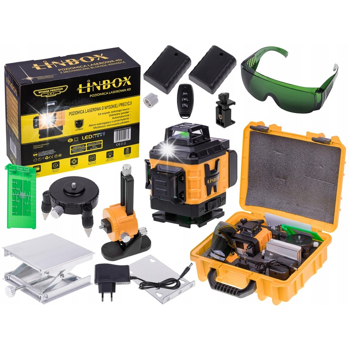 Nivela laser 360, Linbox, 4D, 16 linii, IP54, set cu accesorii in valiza ergonomica