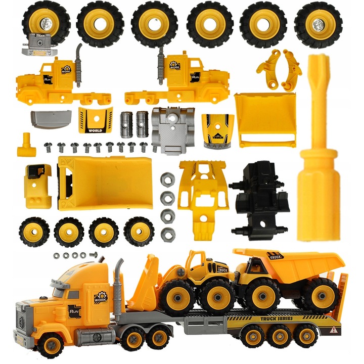 Американски ТИР с новости, Stator, 75 елемента, ремарке с рампа, багер, камион, 54x11x15,5см