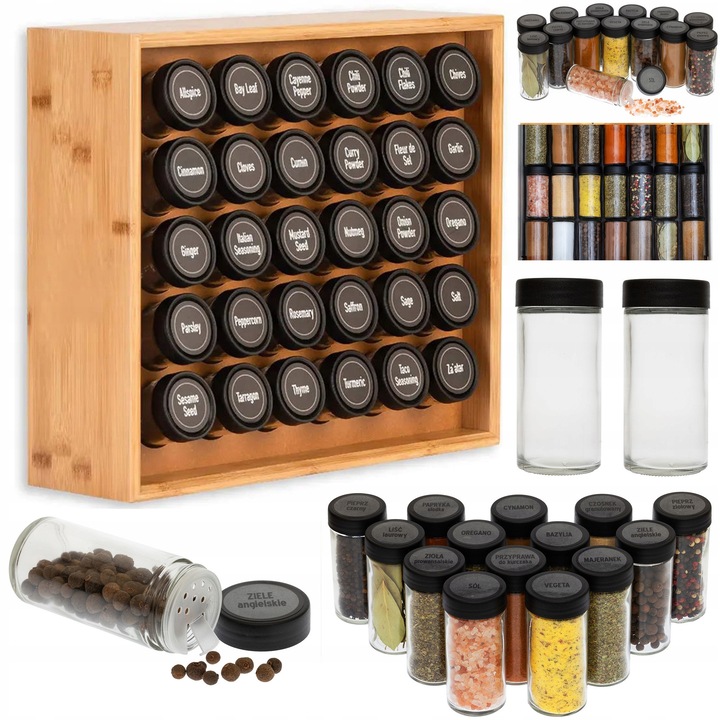 Organizator pentru condimente din lemn, Bajkowy Kuferek, set 30 sticle, etichete autoadezive, 35x40x12cm