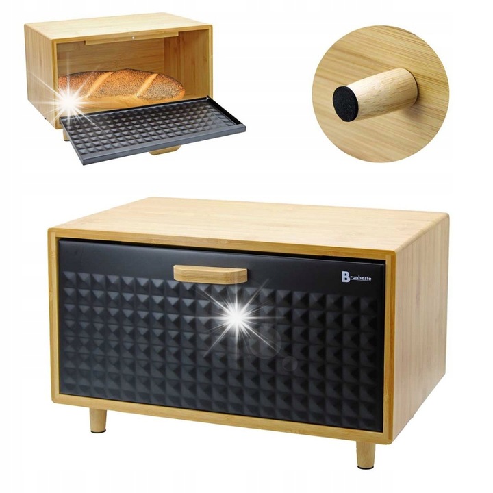 Chlebak bambusowy Brunbeste, cu capac din otel negru, 35,5x20x21,5cm, design modern