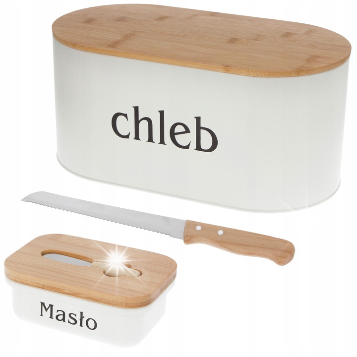 Set chlebacar metalic cu capac din lemn, maselnica si cutit, alb/dreptunghiular, 34x18,5x15cm