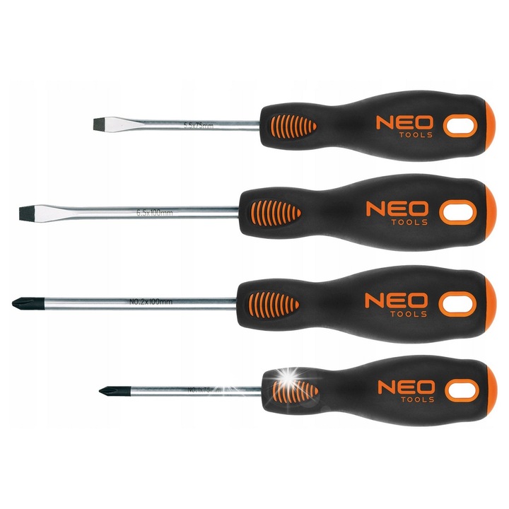 Комплект отвертки 4 броя, Neo Tools, от стомана S2, магнитна глава, размери: 5.0x75mm, 6.0x100mm, PH1x75mm, PH2x100mm