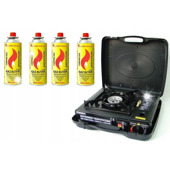 Kemping főzőlap Happy Home, BDZ-155-A modell, 2500W, méretei 340x280x115mm, szett 4 db 400ml-es gázpatronnal