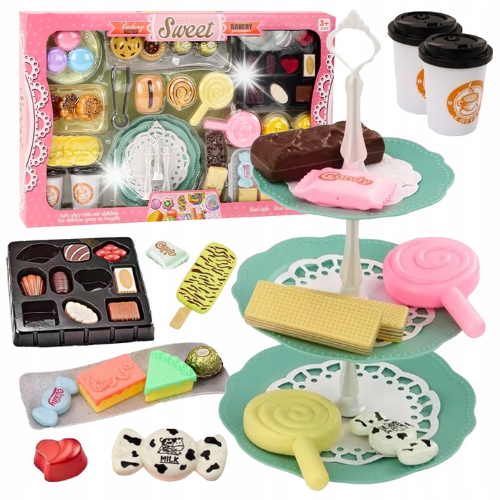 Gyermek cukrászkészlet, álló, háromemeletes tál, 50 elem, sokszínű, 25 cm