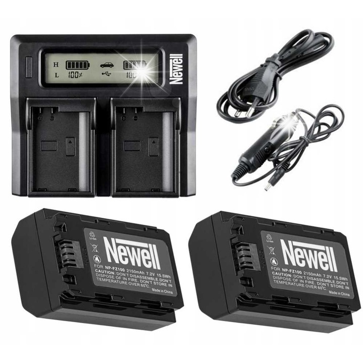 Set incarcator dual Newell cu 2 acumulatori NP-FZ100, 2150 mAh, 7,2 V, pentru camere Sony