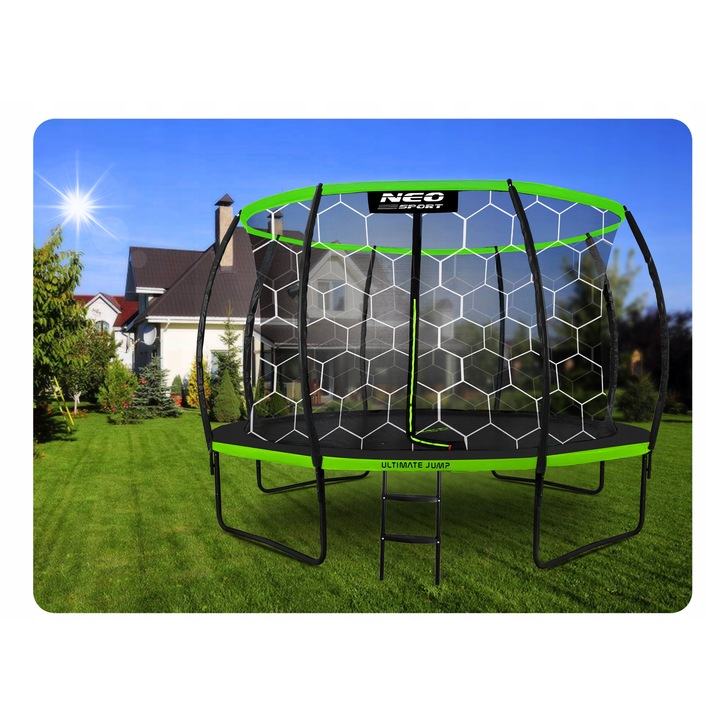 Трамплин 374 см, Neo-Sport, с предпазна мрежа, 4 двойни крака, черен, зелен