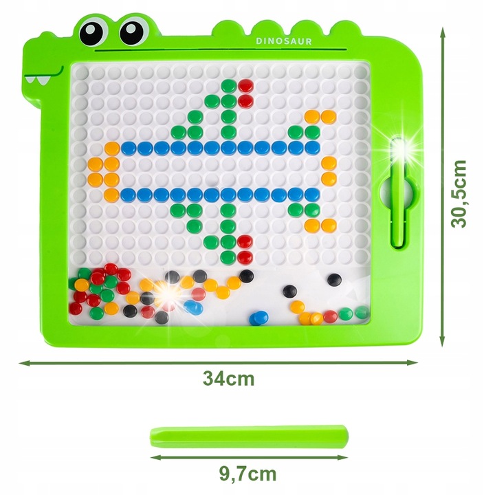Tablica magnetica cu dinozaur, Stator, 100 de perle colorate, 10 cartonase cu modele, 30,5x34x2cm