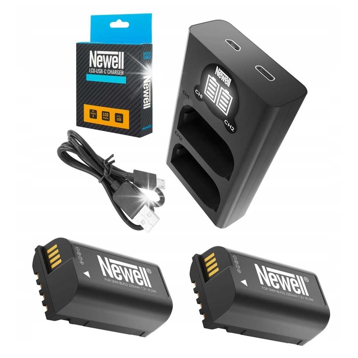 Set incarcator dual / 2 acumulatori Newell, DMW-BLK22, 2250 mAh, 7,2 V, pentru Panasonic DC-S6 G9