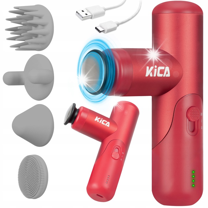 Masajer portabil KiCA mini 3, 4 capete, rosu, 255g, 14cm