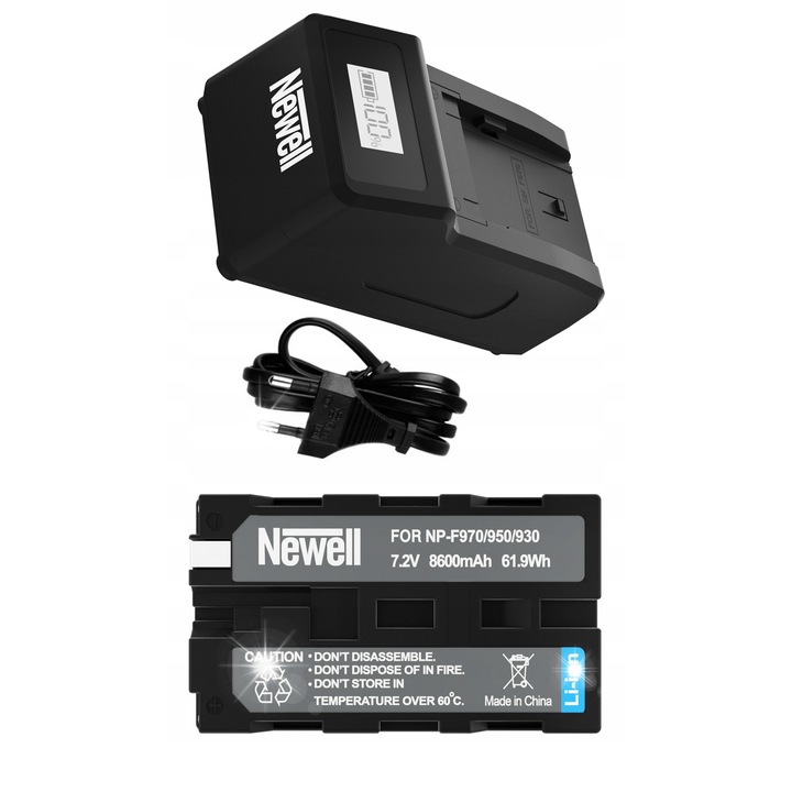 Set incarcator rapid Newell + acumulator NP-F970, capacitate 8600mAh, 7.2V, dimensiuni 11.7x6.3x4.8cm