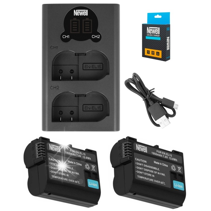 Set incarcator USB Newell cu 2 acumulatori EN-EL15, 1950 mAh, 7,0 V, 9x5,5x2,2 cm